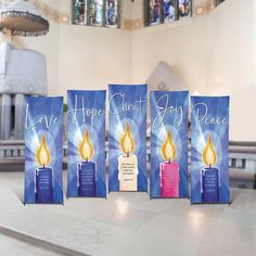 Blue Advent Candles Banner Set - Set of 5 Banners Advent Images, Advent Church Decorations, Purple Candle, Church Banners Designs, Christmas Bulletin Boards, Church Banner, Church Christmas Decorations, Advent Candle, Blue Candle