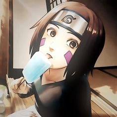 an anime character is eating something out of a plastic cup in front of her face