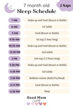 the 7 month old sleep schedule is shown in purple and white with hearts on it