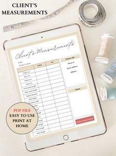 an ipad with sewing supplies on it and the text, how to create a client's measurements