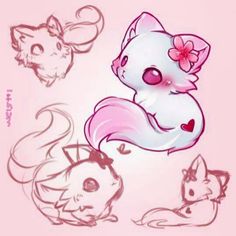 some drawings of cats and kittens on a pink background