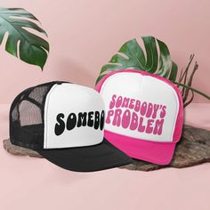 The perfect funny gift for a newly married couple! Add a touch of humor to your everyday style with our "Somebody`s problem" foam trucker cap! This cute and funny hat is perfect for wives who want to give everyone a good laugh while showcasing their playful personality. ♥ Product details: .: Sold separately .: Material: 100% polyester foam front with 100% nylon mesh weave back .: One size fits most (22.8"/58cm) .: Adjustable snap closure ♥ Shipping: A tracking number will be sent upon shipment a Matching Hats Couples, Somebodys Problem, Funny Wife, Matching Hats, Honeymoon Gift, Wife Humor, Honeymoon Gifts, Funny Hats, Sarcastic Gifts