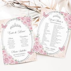 two wedding programs with pink roses and butterflies on the front one has a tiara