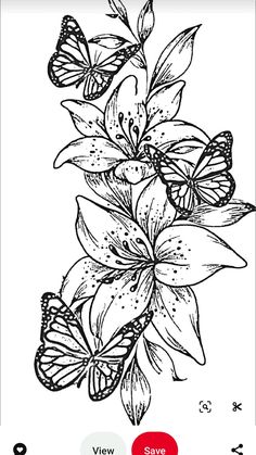 a black and white drawing of flowers with butterflies