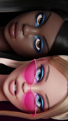 two dolls with blue and pink eyes are shown in the same image, one is looking at the camera