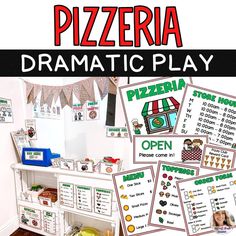 there is a pizza dramatic play in the room with pictures on it and words below