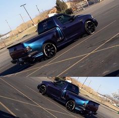 two pictures of a blue truck parked in a parking lot