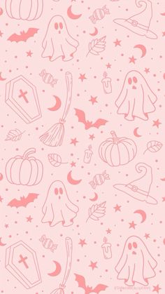 a pink and white halloween pattern with pumpkins, bats, ghostes, stars