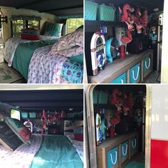 the inside of a camper van with various items in its bed and storage compartment