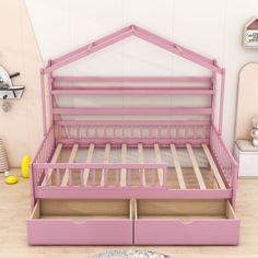 a child's bed with two drawers underneath it and a rug on the floor