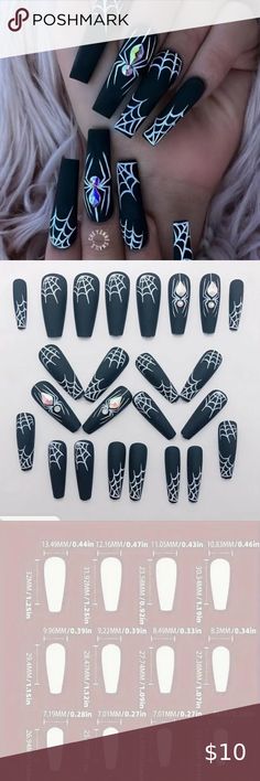 Black Press on Nails Long with Spider Web Designs Full Cover Long Halloween Nails, Spooky Spider Web, Black Press On Nails, Press On Nails Long, Nails Long, Web Designs, Halloween Parties, Glue On Nails, Spider Web