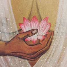 a painting of a person holding a pink flower in their hand with water droplets on it