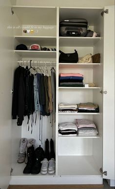 an organized closet with clothes and shoes