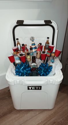 a cooler filled with lots of liquor bottles