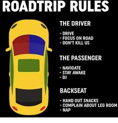 the roadtrip rules are in black and white with an image of a yellow car