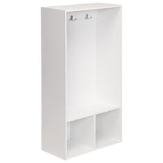 a white cabinet with two doors and shelves