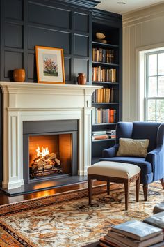 a living room filled with furniture and a fire place in the middle of a fireplace