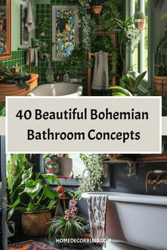 the bathroom is decorated with green tiles and potted plants on the floor, while there are