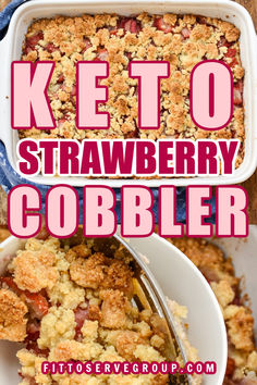 Keto Strawberry Cobbler Rhubarb Keto, Keto Rhubarb, Healthy Rhubarb Recipes, Strawberry Rhubarb Recipes, Strawberry Rhubarb Cobbler, Rhubarb Cobbler, Strawberry Rhubarb Crumble, Keto Thanksgiving, Strawberry Cobbler