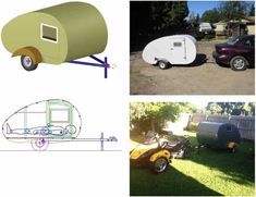 three different views of an rv and trailer in the yard, including one with a camper attached to it