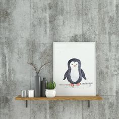 a penguin is sitting on a shelf next to some potted plants and a cactus