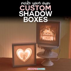 two lighted boxes with the words make your own custom shadow boxes