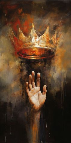 a painting of a hand with a crown on it's head in front of a dark background