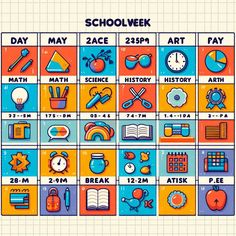 the school week calendar is shown with different things to do in each month, including books and pencils