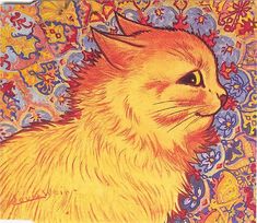 a painting of a yellow cat sitting on top of a blue and pink flowered background