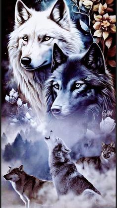 three wolfs in the sky with flowers and clouds