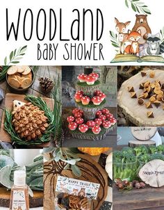 the woodland baby shower is full of food and decorations