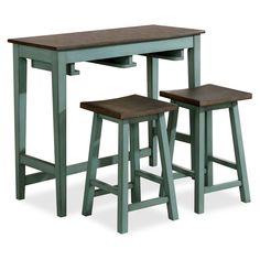 the table and stools are made from wood with two different color tops, one is green