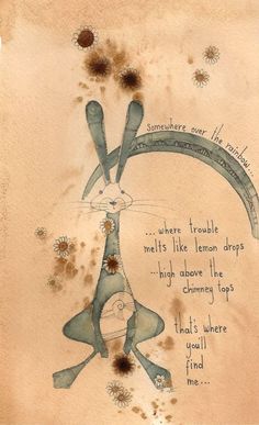 a drawing of a rabbit with words written on it's back and an image of flowers in the background