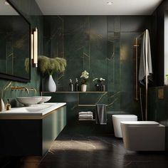 a bathroom with green marble walls and floor