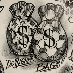 a black and white drawing of two bags with dollar signs on it's sides