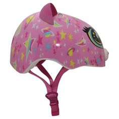 a pink helmet with stars and unicorns on it