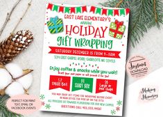 a holiday gift wrapping flyer on top of a table with pine cones and other items