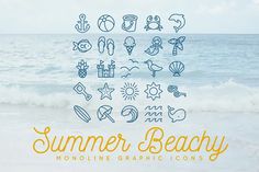 the words summer beachy are drawn in front of an ocean background with icons on it