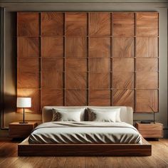 a large bed sitting next to a wooden headboard on top of a hard wood floor