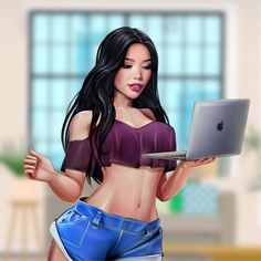 a woman holding a laptop computer in her right hand and wearing blue shorts on the other side