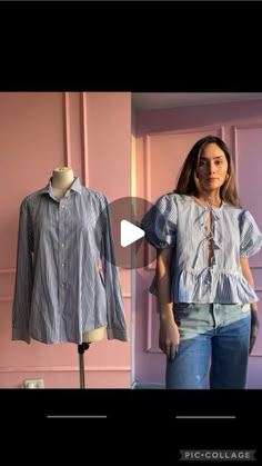 a woman standing next to a mannequin wearing a blue and white striped shirt