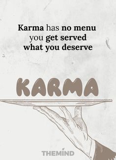 a hand holding a tray with the words karma on it, and an image of a man