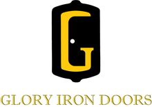 the glory iron doors logo is shown in black and yellow with gold letters on it