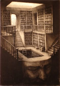 an old photo of a library with stairs and bookshelves