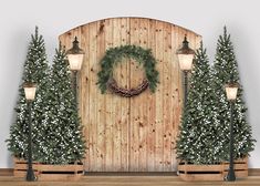 a wooden wall with christmas wreaths and lights on it