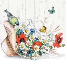 a bird sitting on top of a book with daisies and butterflies flying around it