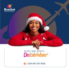 a woman in a santa hat is smiling and holding a sign that says happy new month