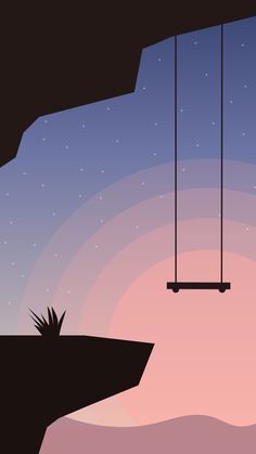 a swing hanging from the side of a cliff under a sky filled with stars and clouds