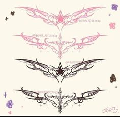 four different types of tattoos are shown in this drawing technique, including wings and stars