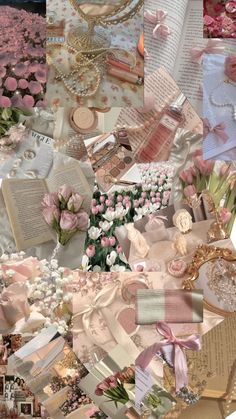 a collage of pink and white flowers, pearls, books, jewelry and other items